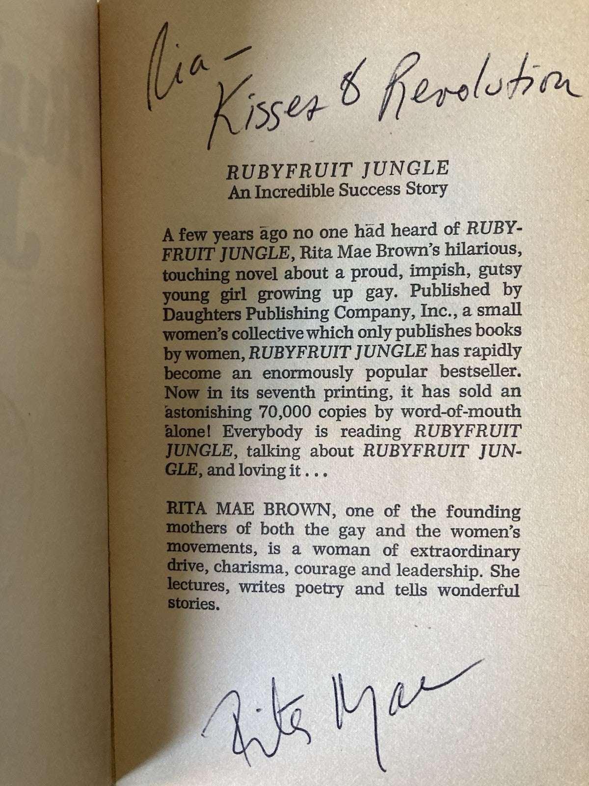 ***SIGNED*** Rubyfruit Jungle by Rita Mae Brown. Bantam Books. 1977.