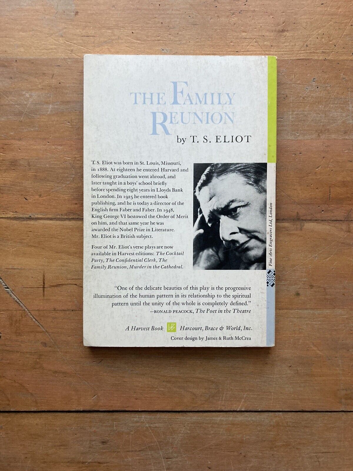 The Family Reunion, A Play, by T. S. Eliot A Harvest Books 1966